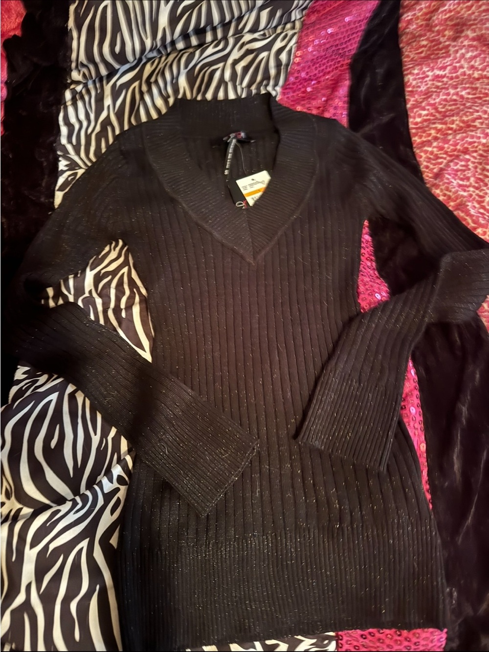 Energie Black V-Neck Ribbed Sweater with Metallic Thread